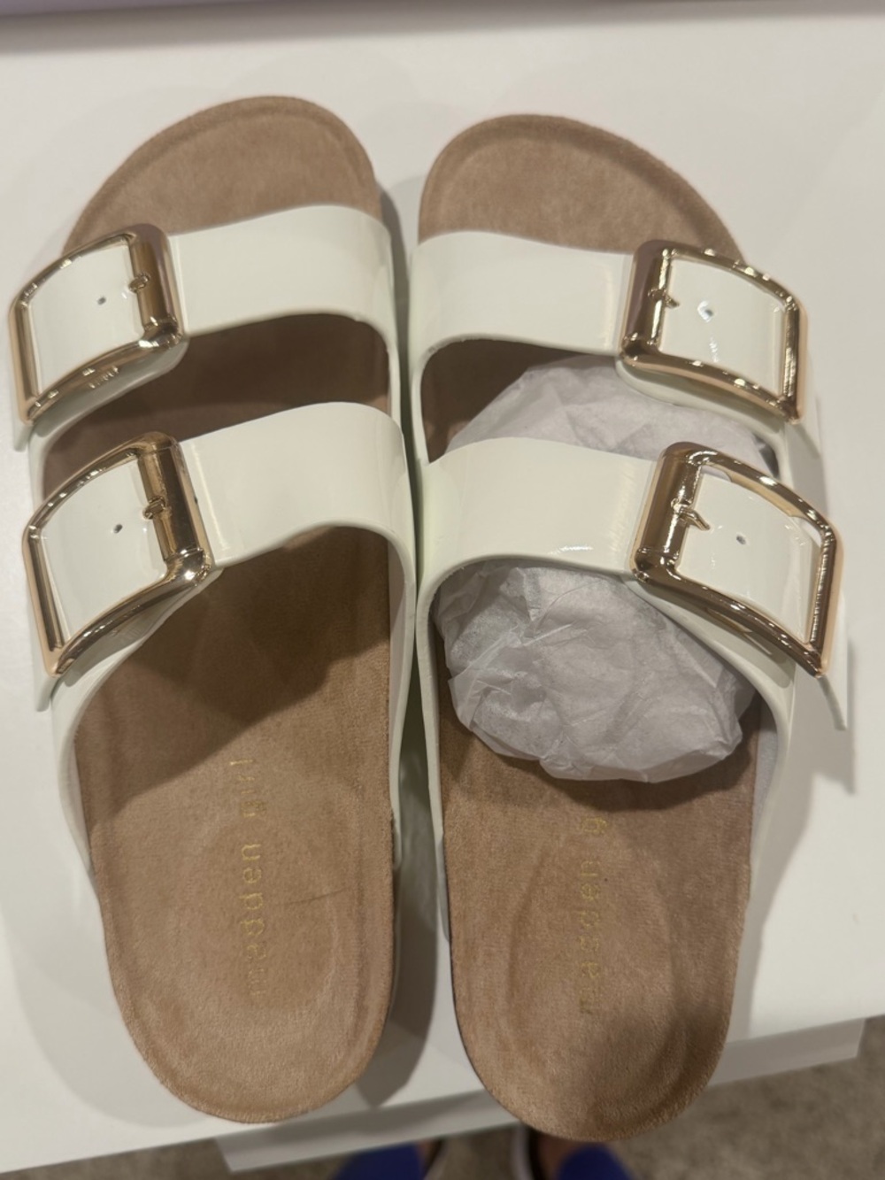 Madden Girl White Double-Buckle Slide Sandals with Gold Hardware